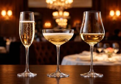 Banquet table setting with champagne glasses and dinnerware